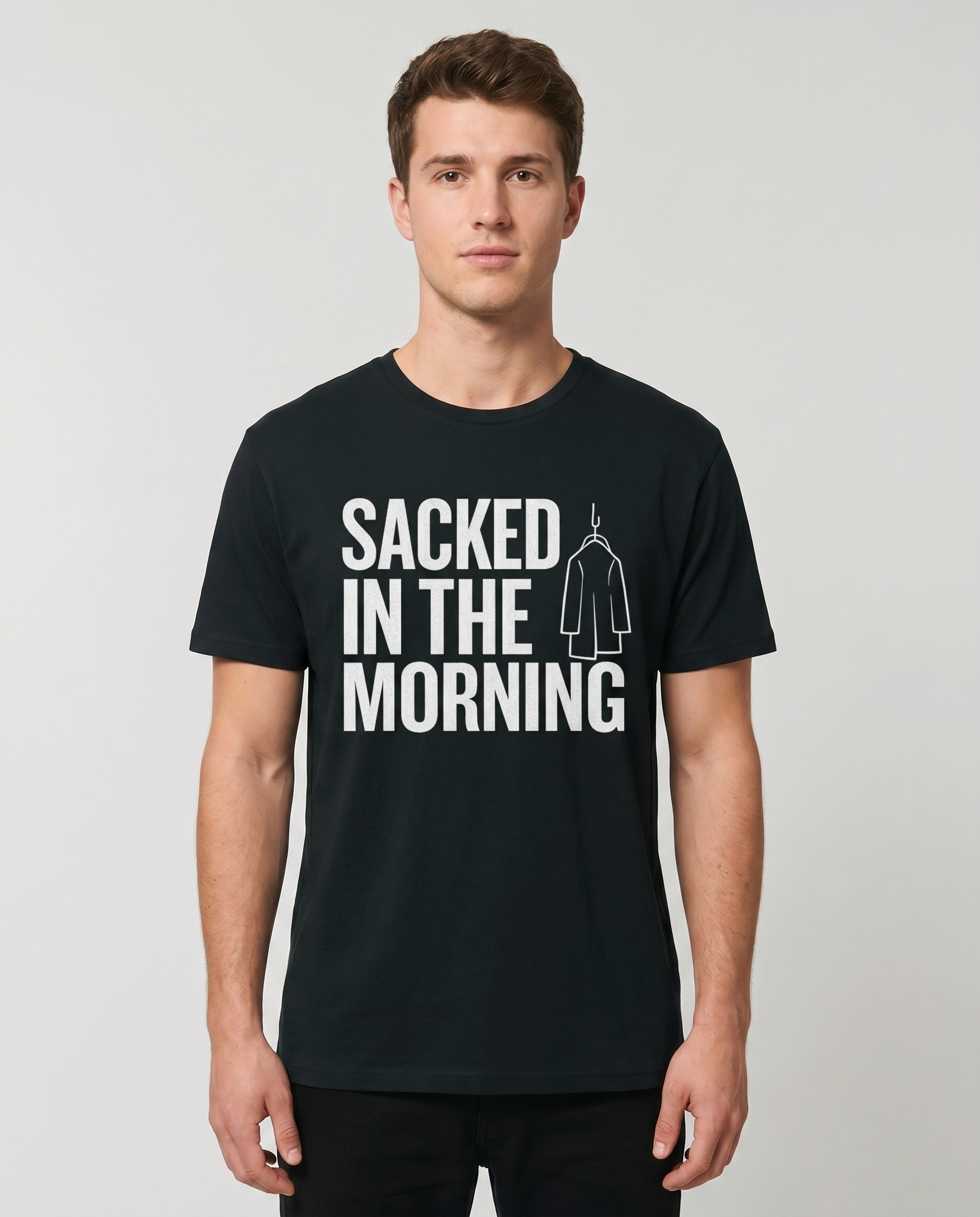 Model wearing Sacked In The Morning tee, studio