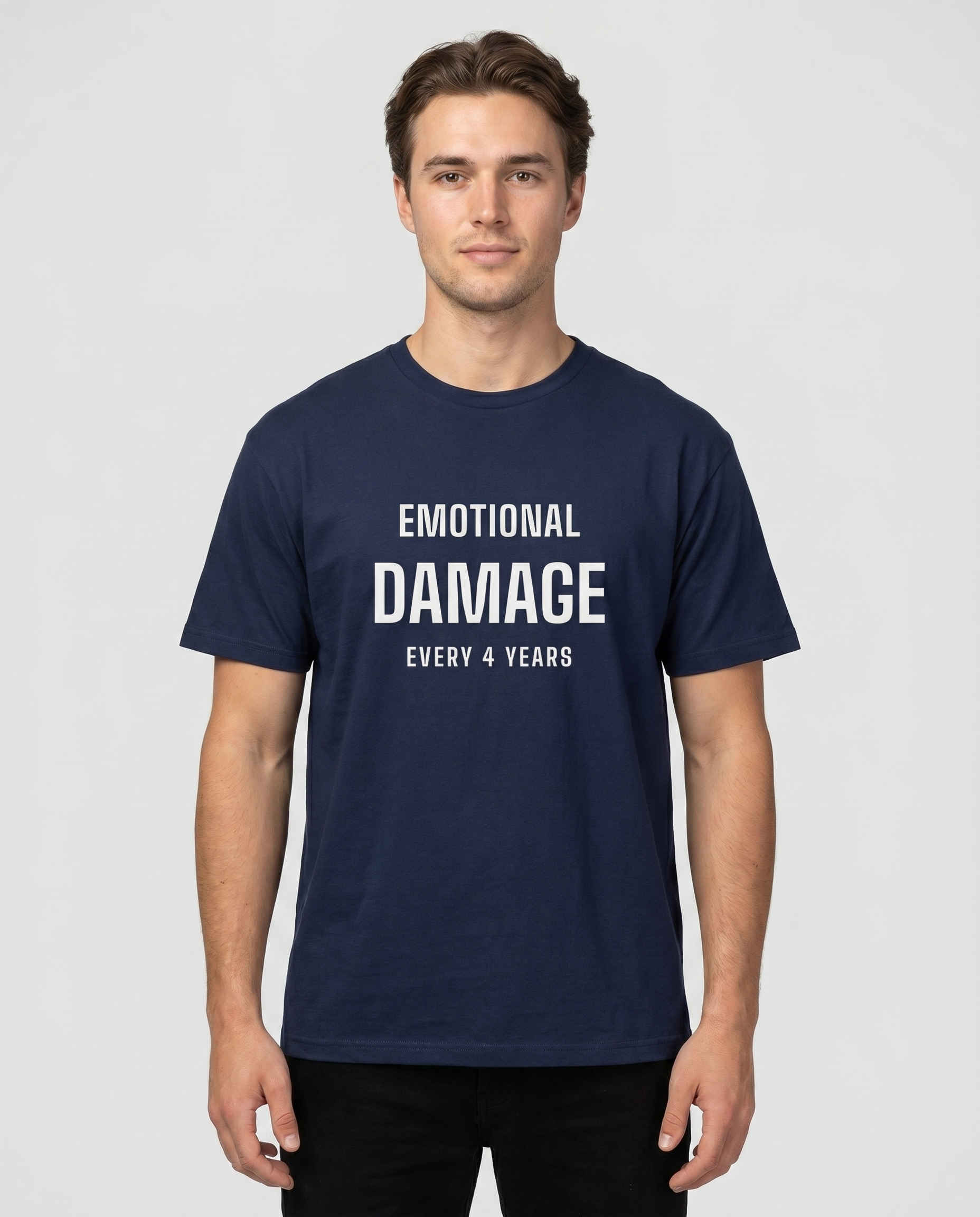 Model wearing Emotional Damage navy tee, studio