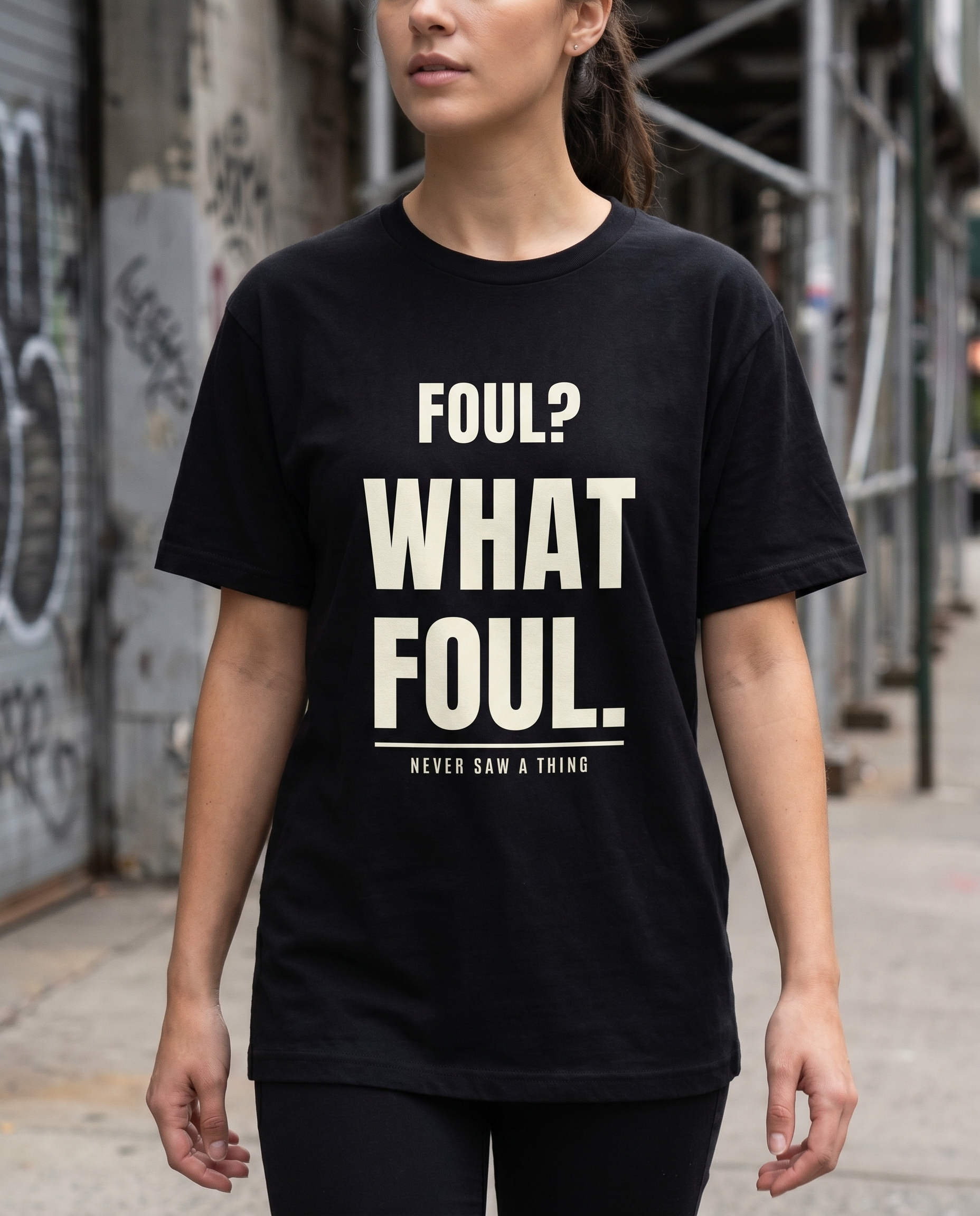 Model wearing Foul What Foul black tee