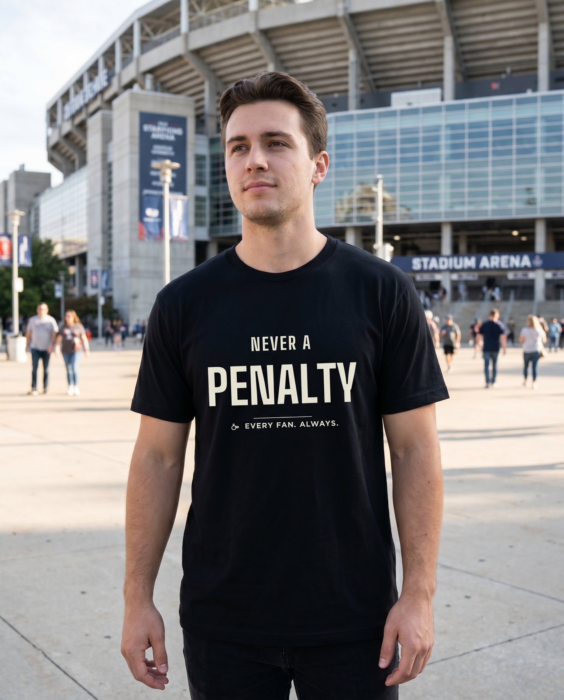 Model wearing Never A Penalty black tee