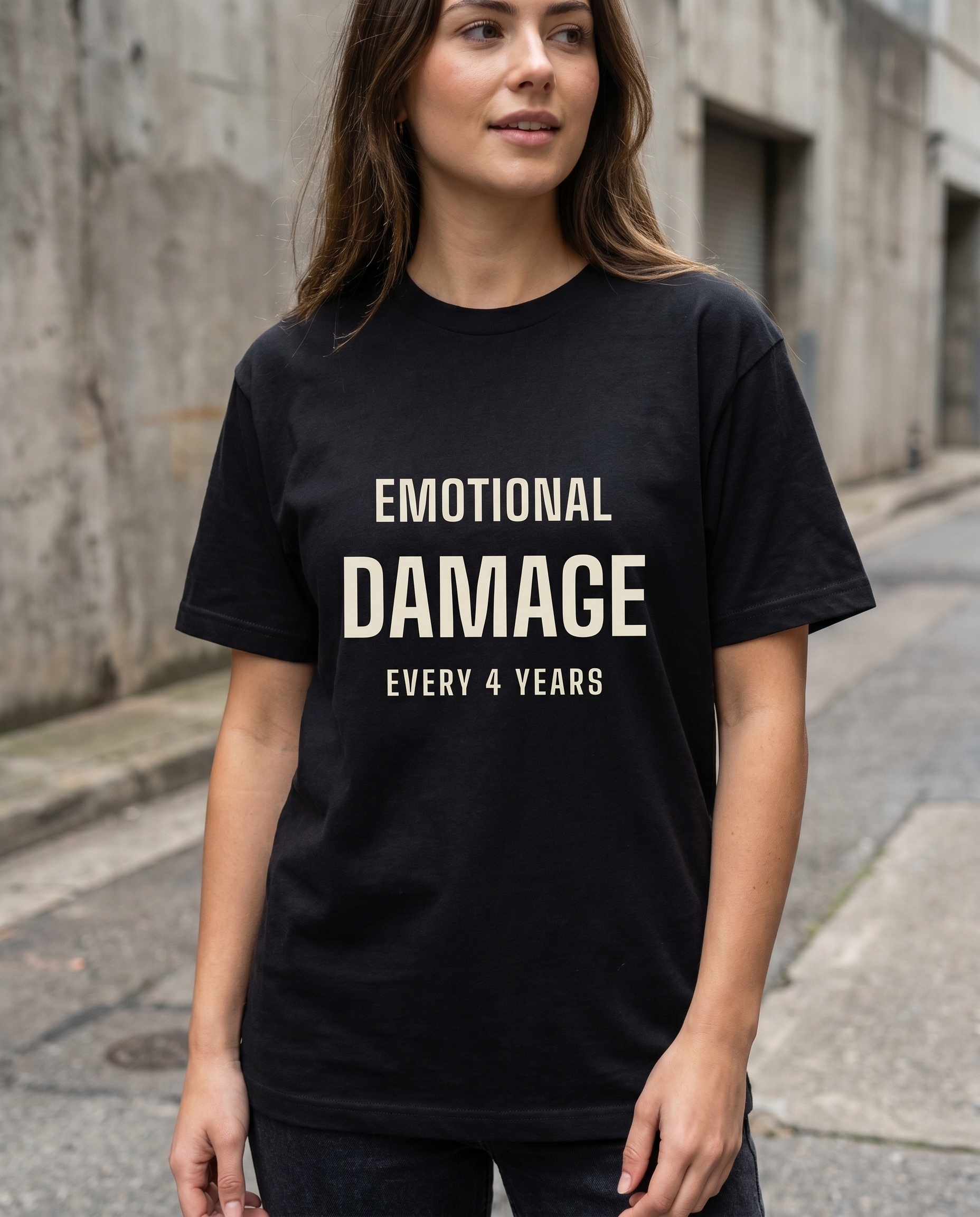 Model wearing Emotional Damage black tee