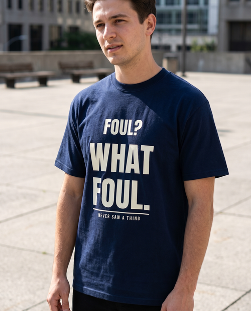 Model wearing Foul What Foul navy tee outdoors