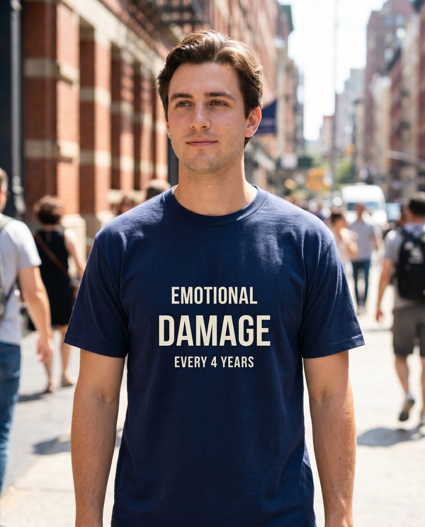 Model wearing Emotional Damage navy tee outdoors