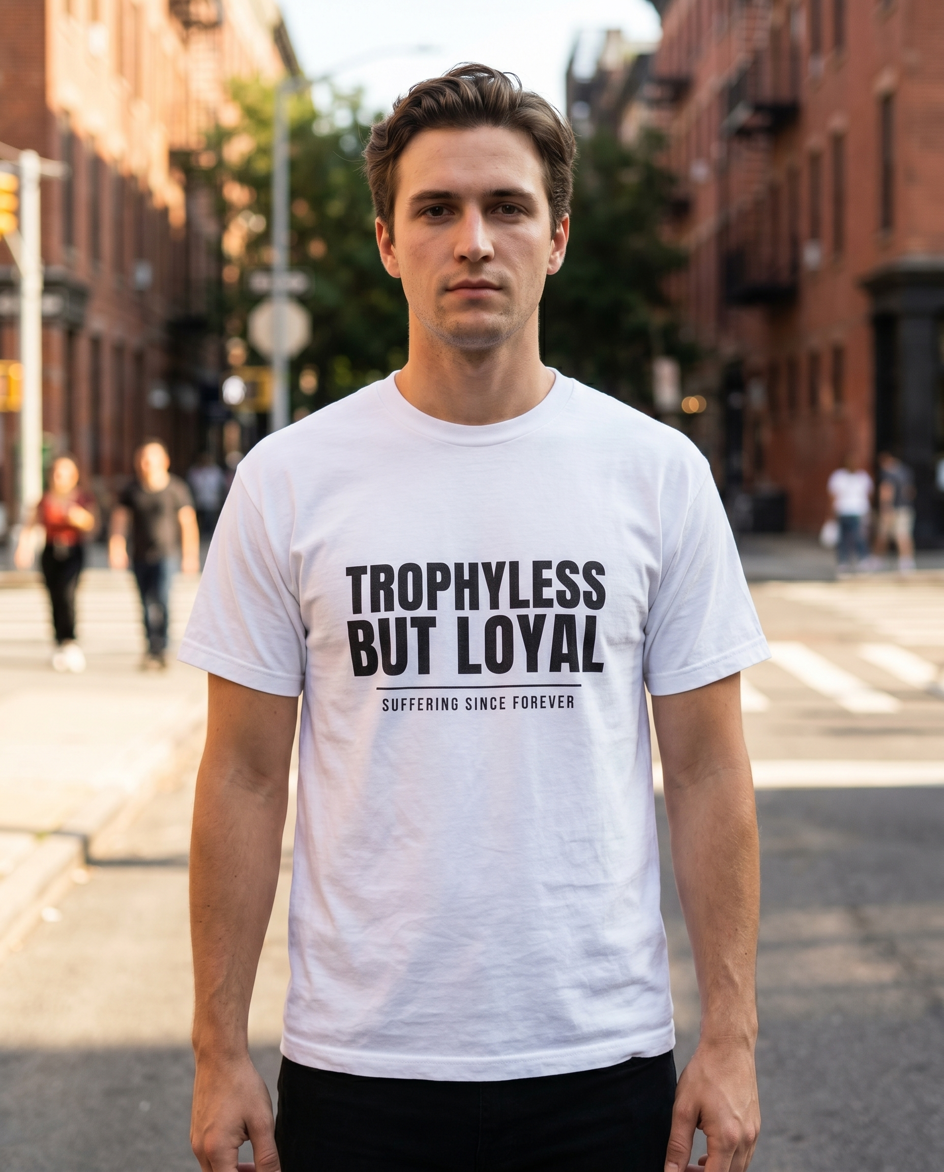 Model wearing Trophyless But Loyal white tee outdoors